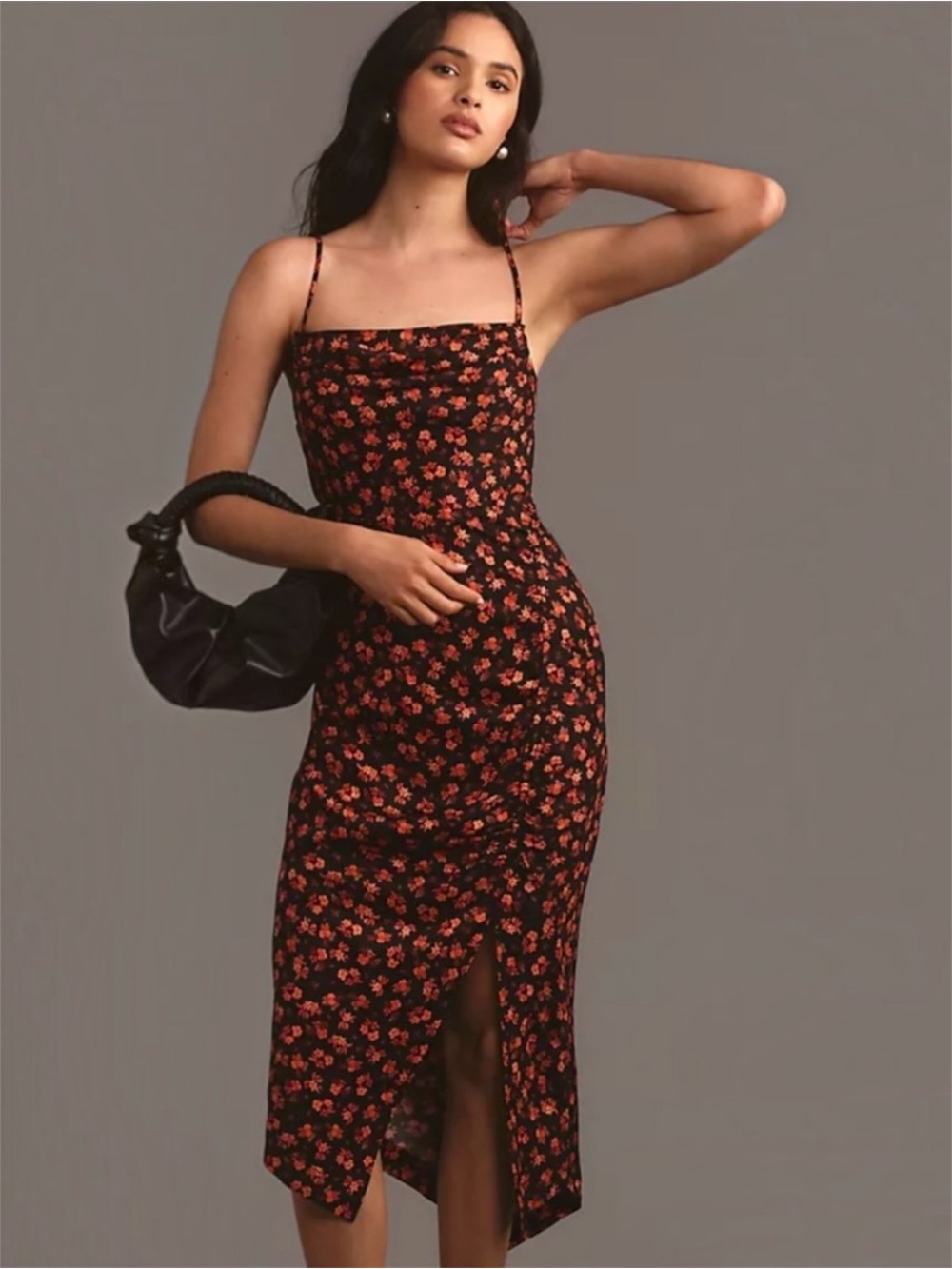 By Anthropologie Coral Floral Draped Back Slip Midi Dress Asymmetrical Side Slit